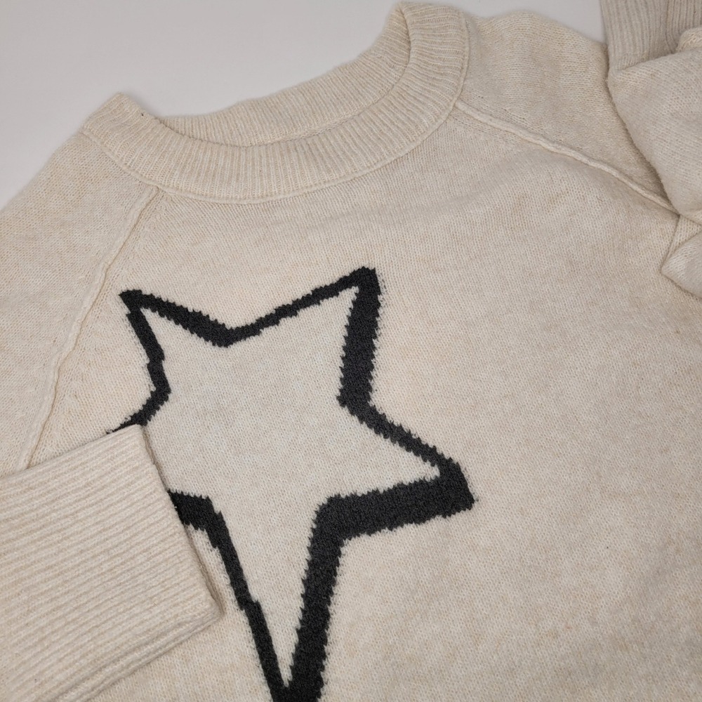 Aerie Star Intarsia Knit Sweater Womens Large Cream Black Excellent Oversized